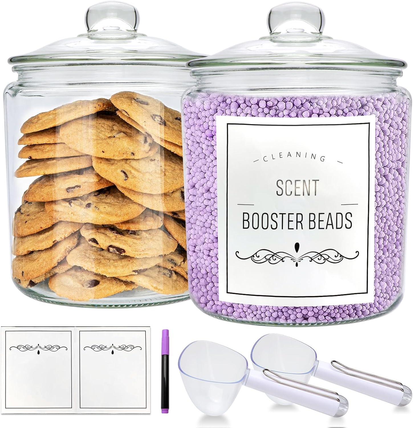 Encheng 1 Gallon Glass Jars with Lids and Scoops,Clear Glass Storage Containers with Labels for Laundry Room Organization,Large Glass Canisters Set for Kitchen Pantry,Laundry Supplies,Bathroom,2 Pack