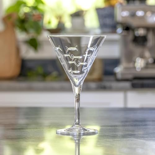 Rolf Glass School of Fish Martini Glass | Stemmed 7.5 oz. Martini Glasses | Lead-Free Glass | Diamond-Wheel Engraved Cocktail Glasses | Made in the USA (Set of 2)