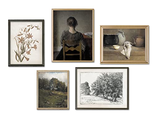 Vintage Moody Powder Room Wall Art Decor - Set of 5 Prints // Paris Wall Art Decor for Bedroom Women // Bohemian Aesthetic Bedroom or Makeup Room Wall Art Posters // Old Fashion Victorian Floral Decor