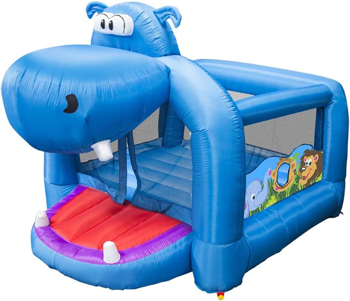 Banzai Happy Hippo Kids Giant Outside Inflatable Bouncer Backyard Blow Up Jumping Bouncing House for Children with Mesh Walls, Blower Pump Included