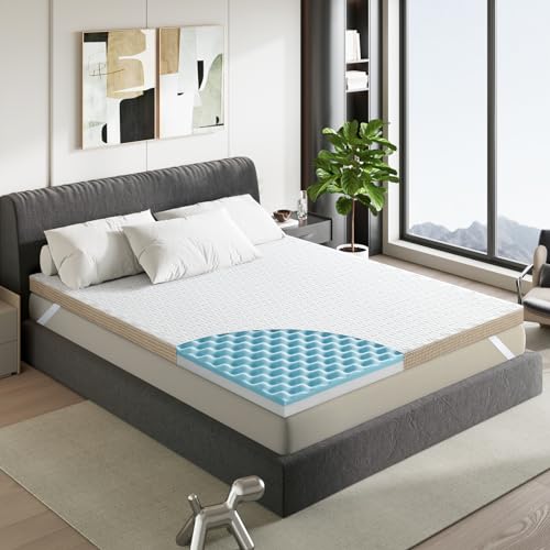Memory Foam Mattress Topper Queen Size 4 Inch, Flexpedic Gel Infused Gel Cooling Topper Pad with Knitted Cotton Cover for Back Pain Relief, CertiPUR-US, Ventilated and Breathable,60