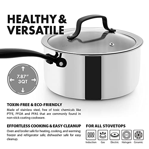 GrandTies Full-Clad Tri-Ply Stainless Steel Sauce pan Induction Cookware – 3 QT Stainless Steel Pot, Marquina Black Metal Handles Kitchen Cooking Pot with Lid, Dishwasher Safe Pots and Pans