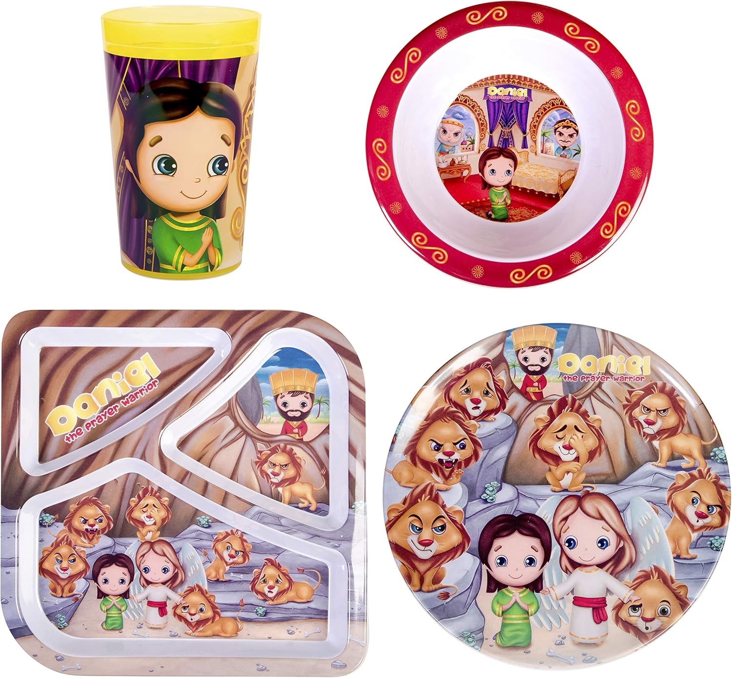 He Loves Me Kids Feeding gifts Set Daniel 4 Piece Sets Toddler Dishes Multicolor, BPA Free, Kids Dinnerware Sets Includes Divided Plate, Round Bowl, Round Plate and Children’s Tumbler Cup