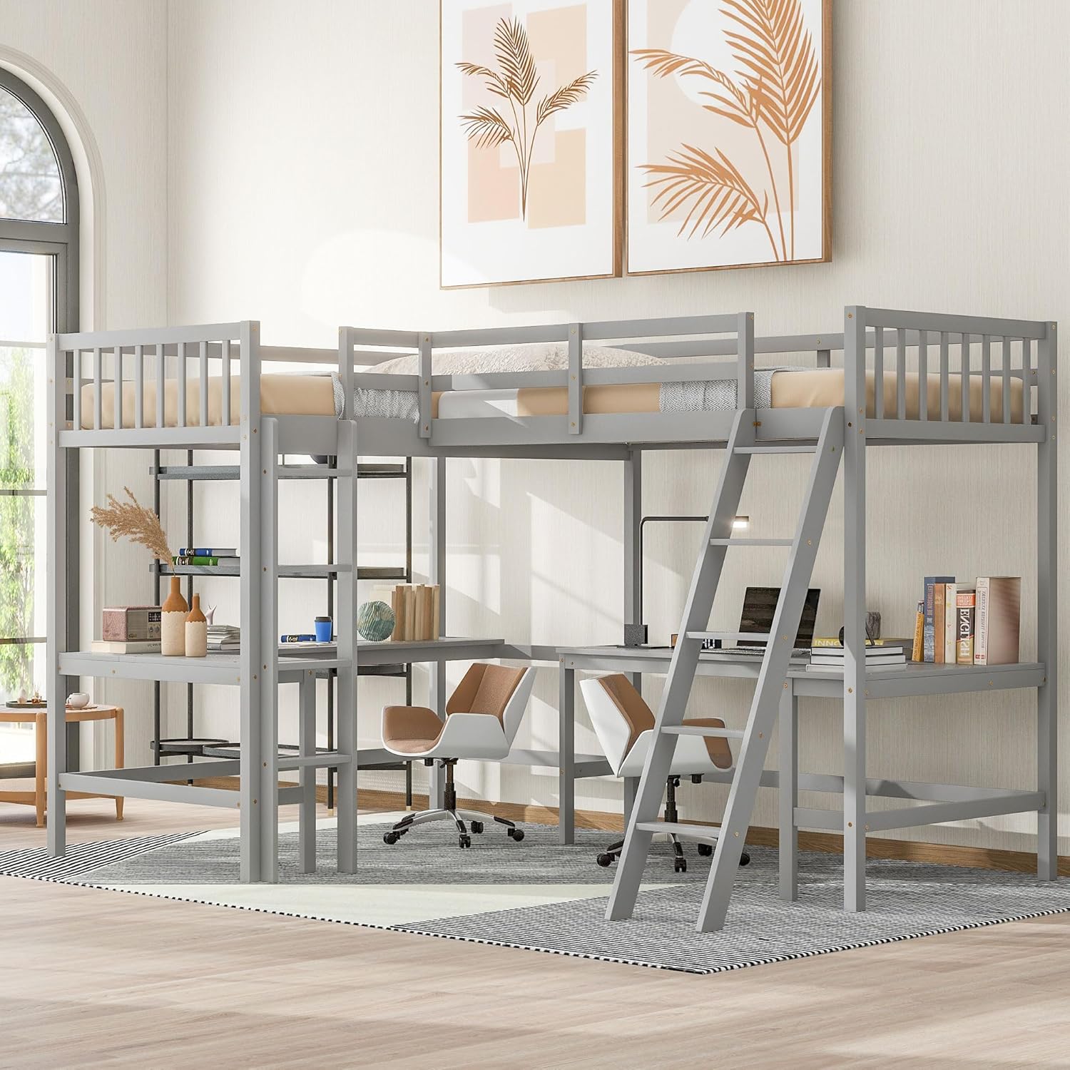 Wood Twin Size L-Shaped Loft Bed with Ladder and 2 Built-in L-Shaped Desks,2 Beds in 1 for Dorm,No Box Spring Required,Gray