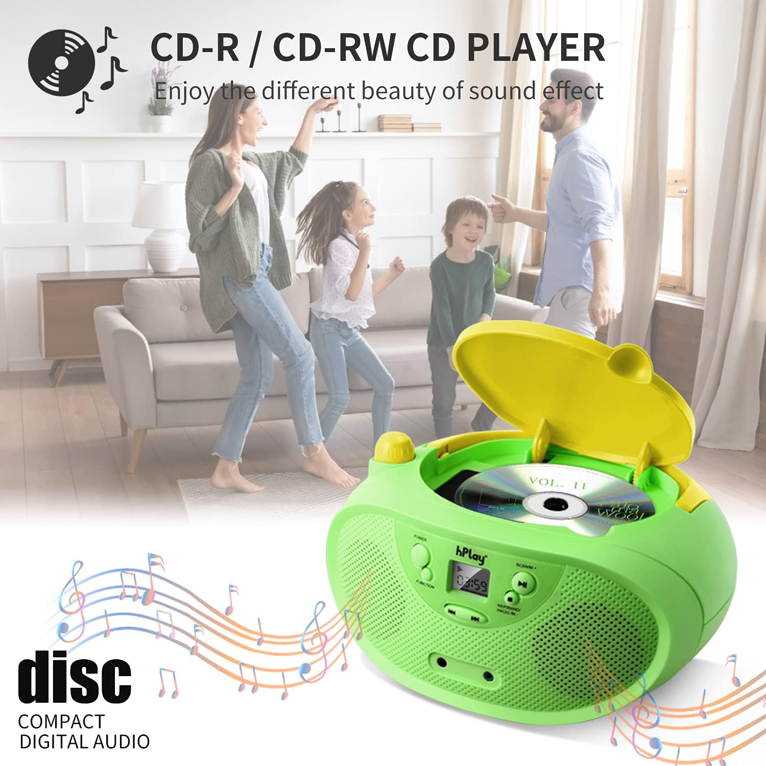 GC04 Portable CD Player Boombox with AM FM Stereo Radio Kids CD Player LCD Display, Front Aux-in Port and Headphone, Supported AC or Battery Powered- Pastel Green