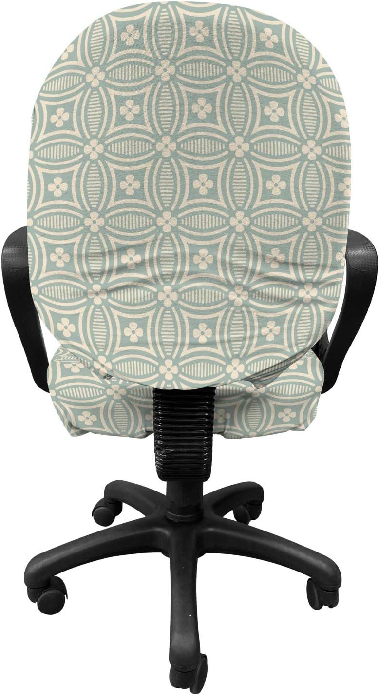 Ambesonne Retro Office Chair Slipcover, Old Fashioned Mosaic Tile Pattern with Geometric Elements and Flowers, Protective Stretch Decorative Fabric Cover, Reseda Green and Beige