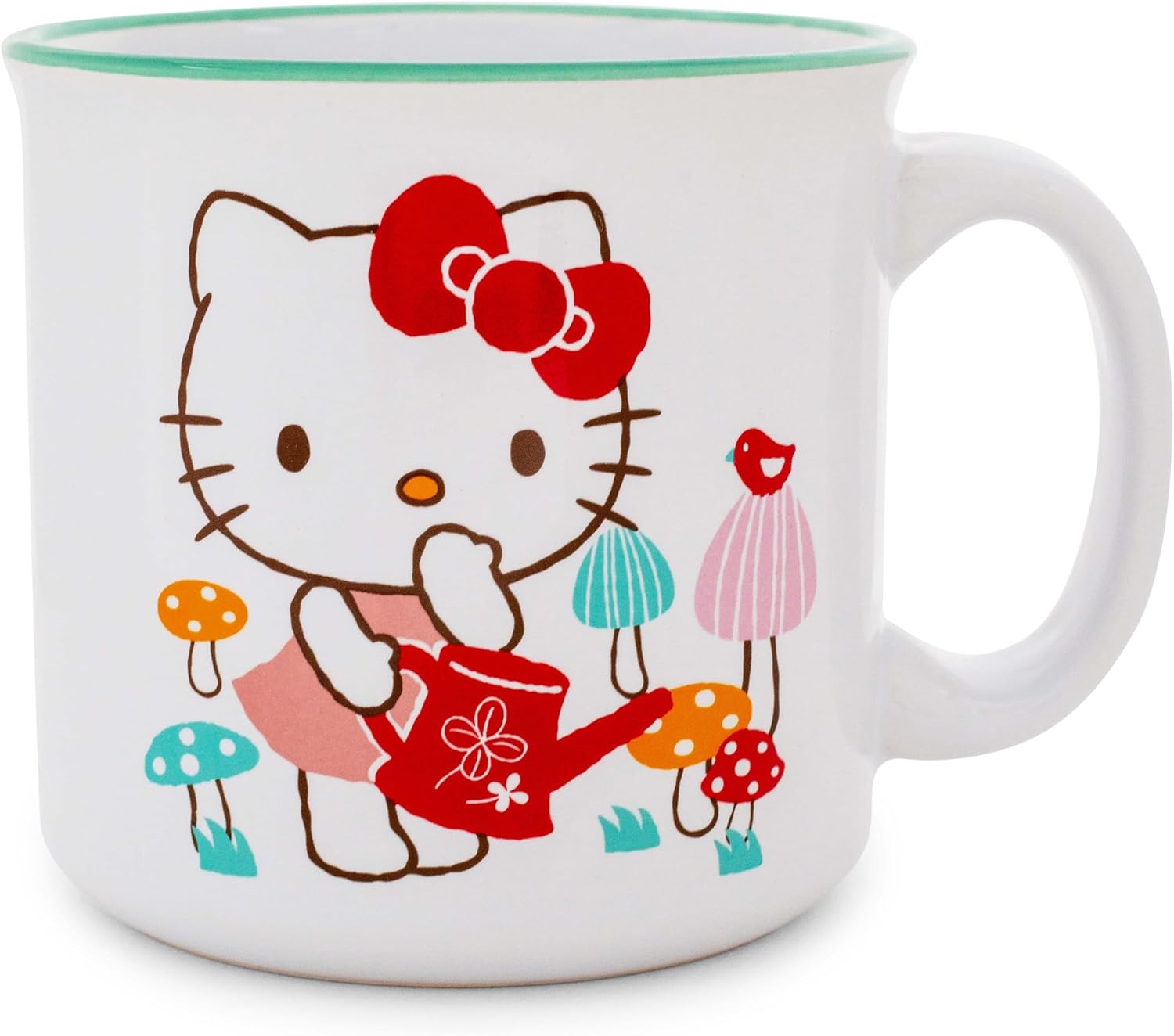 Silver Buffalo Sanrio Hello Kitty Watering Mushrooms Ceramic Camper Mug | Large Coffee Cup For Tea, Espresso, Cocoa | Holds 20 Ounces