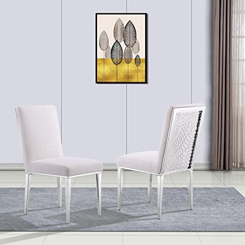 AZhome White Boucle Dining Chairs, Upholstered Dining Chairs with Gorgeous Gold Metalic Geometric Back, Polished Stainless Steel Legs, Set of 2
