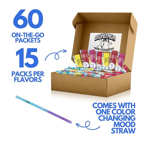 Crystal Light Variety Pack 60 Flavored Drink Mix Packets in Lemonade, Fruit Punch, Raspberry, and Strawberry Flavors Bundles with One Reusable Mood Straw for Sugar-Free Hydration Anytime, Anywhere!