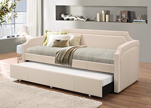 Baxton Studio Oralia Modern and Contemporary Grey Fabric Curved Notched Corners Sofa Daybed with Roll Out Trundle Guest Bed, Twin