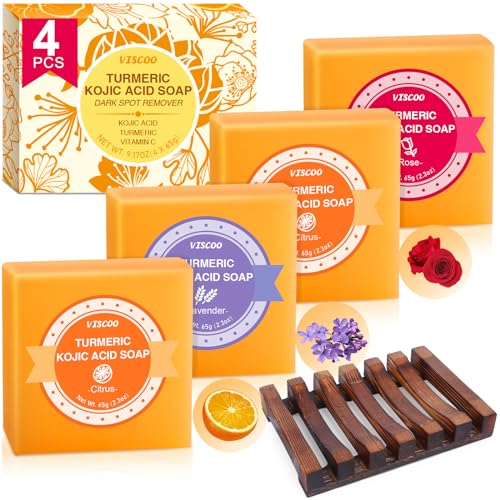 Kojic Acid Soap, 3 Fragrances Turmeric Soap Bar, Dark Spot Remover for Face and Body, Contains Vitamin C, Hyaluronic Acid, Shea Butter, Even Tone Skin, with Wooden Soap Rack- 4 Pack