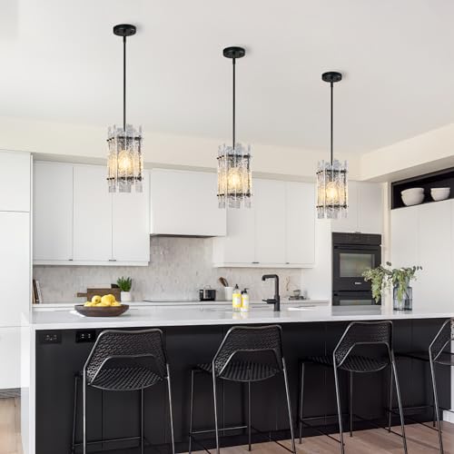 Modern Crystal Pendant Lighting Gold Mini Pendant Lights Rectangle Glass Chandeliers, Adjustable Pendant Light Fixture for Kitchen Island Bedroom Living Room Dining Room Corridor(2Pack)