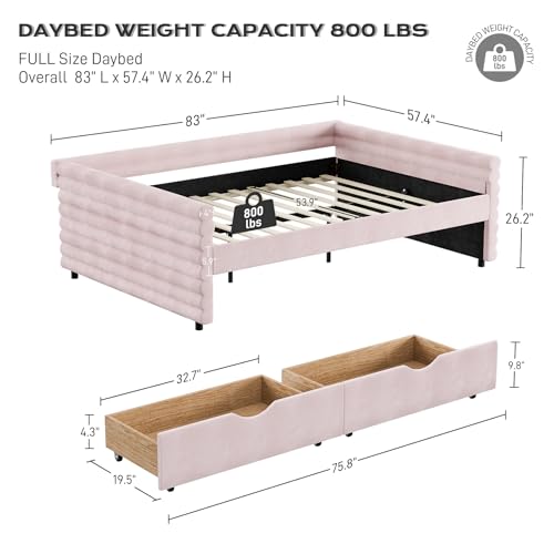 Twin Size Daybed with 2 Storage Drawers, Upholstered Day Bed Frame with Backrest and Wood Slat Support, Morden Twin Sofa Bed in Velvet for Bedroom Guest Room, No Box Spring Needed, Pink