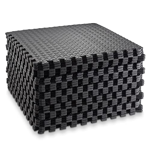 Philosophy Gym Pack of 36 Exercise Flooring Mats - 12 x 12 Inch Foam Rubber Interlocking Puzzle Floor Tiles - Black