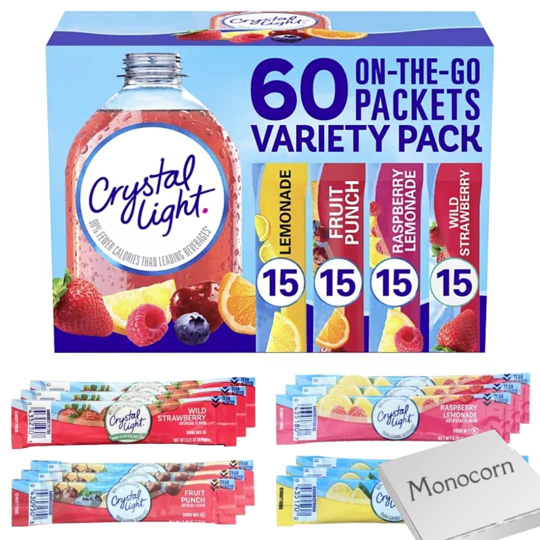 Monocorn Crystal Light On-The-Go Powdered Drink Mix Variety Pack - lemonade, fruit punch, raspberry lemonade & wild strawberry (60 Count)