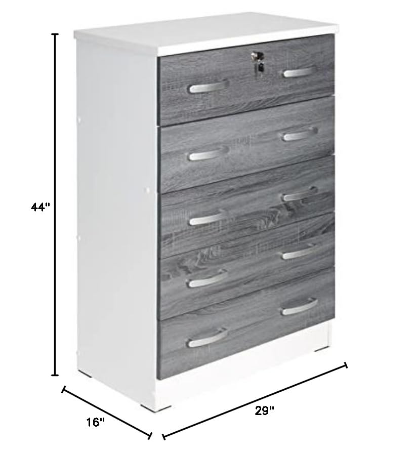 Pemberly Row Modern 5 Drawer Wooden Bedroom Dresser with Lock in White/Gray