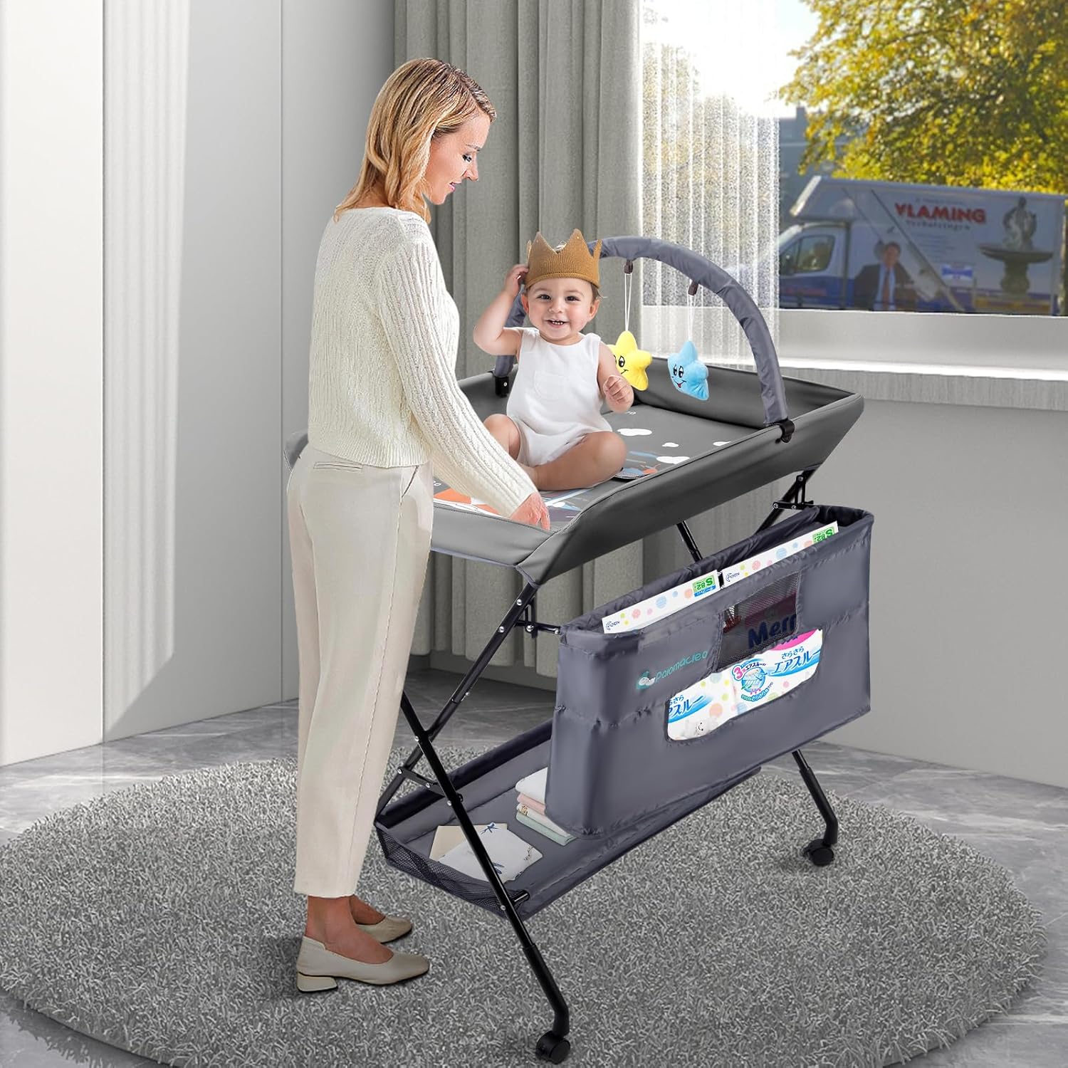 Portable Baby Changing Table - Waterproof Diaper Changing Table with Wheels, Adjustable Height Folding Diaper Station with Safety Belt, Large Storage Racks for Newborn Baby and Infant