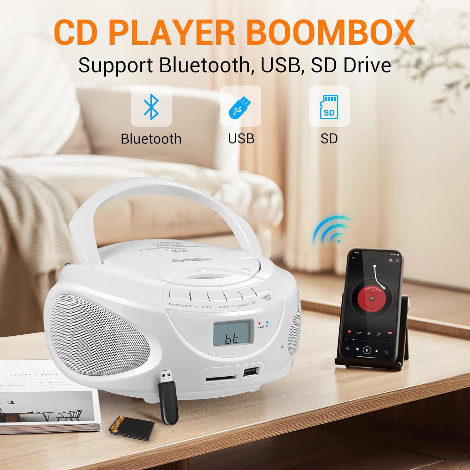 Gelielim Portable CD Player Boombox with Bluetooth, AM/FM Radio, Support CD/USB/SD/AUX, Headphone Jack, Boombox for Indoor Outdoor