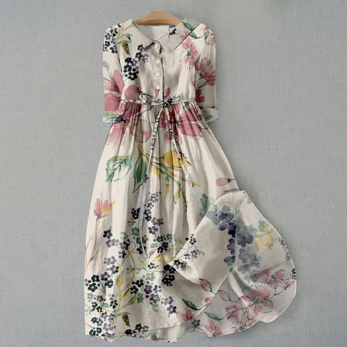 Womens Summer Dresses Boho Floral Lapel Neck Button Casual A-Line Lace-Up Dress Vacation Beach Flowy Long Dress