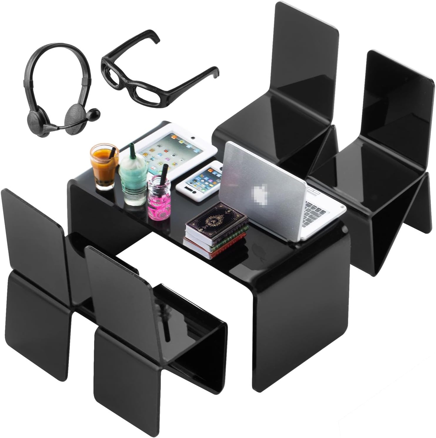 16Pcs Miniature Laptop Computer Tablet Toy Phone Pad and Coffee Juice Doll Accessories Mini Chairs and Table Glasses Headset Drink Playset Girl Smart Scene Simulation for 1/6 1/12