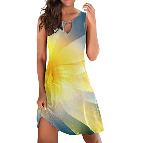 Women's 2024 Summer Sleeveless Mini Dress Boho Printed Crewneck Beach Sundress Casual High Waist Hollow Out Short Dress