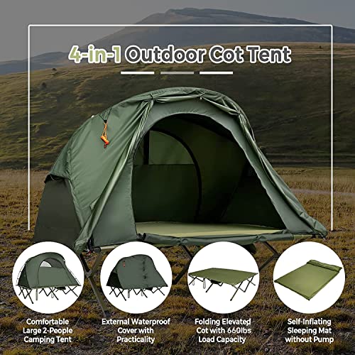 Tangkula 2-Person Tent Cot, 4-in-1 Folding Tent with Waterproof Rainfly, Self-Inflating Mattress & Roller Carrying Bag, Portable Off Ground Elevated Tent with Shoe Storage Pocket & Lamp Hook