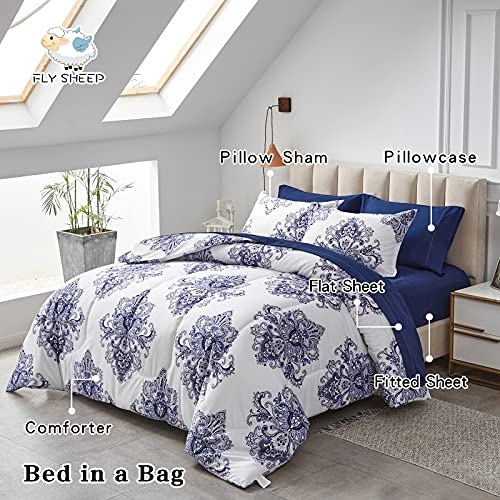 Flysheep Damask Bed in a Bag 6 Pieces Twin for Kids, Bohemian Blue Geometric on White, Microfiber Comforter Sheet Set (1 Comforter, 1 Flat Sheet, 1 Fitted Sheet, 2 Pillow Shams, 1 Pillowcase)