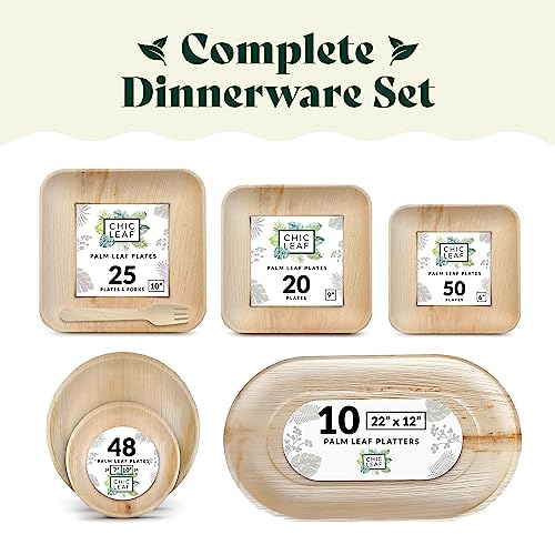 Chic Leaf Palm Leaf Plates Disposable Bamboo Plates Like 10 Inch & 7 Inch Round Party Pack (48 pk) Compostable and Biodegradable - Better than Plastic, Paper and Wood Plates