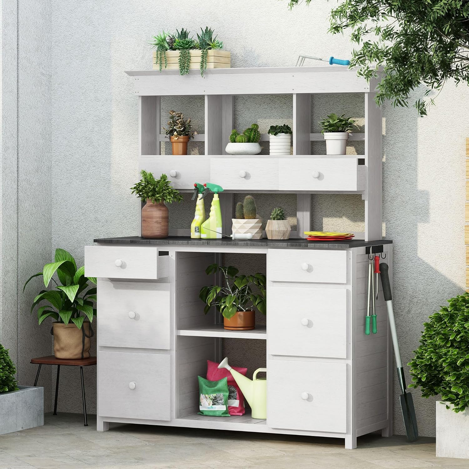Garden Potting Bench Table,Rustic & Modern Design, Multiple Drawers & Shelves for Storage, White & Gray