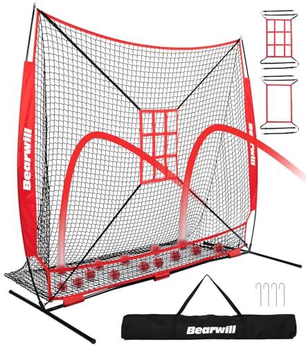 Baseball Net, 7x7ft Baseball Softball Practice Net with Large Ball Collection System, Pitching Net with Batting Tee, 2 Strike Zone, Carry Bag, Baseball Nets for Hitting Pitching