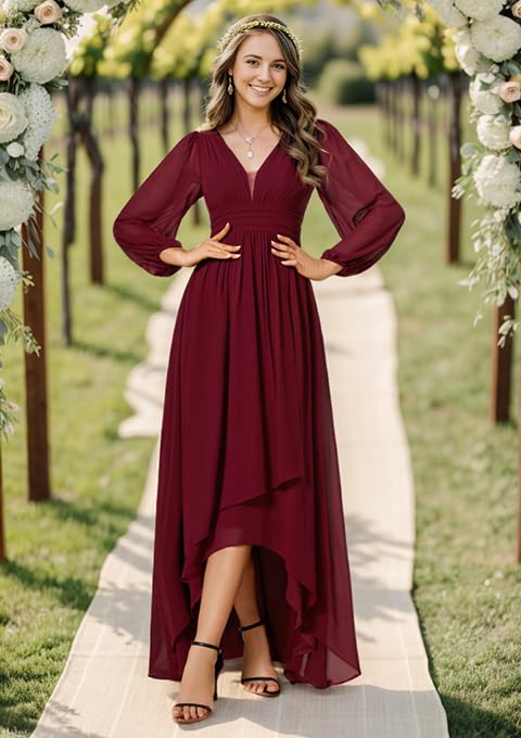Ever-Pretty Women's Fall Lantern Sleeve A Line High Low Bridesmaid Dresses 02043