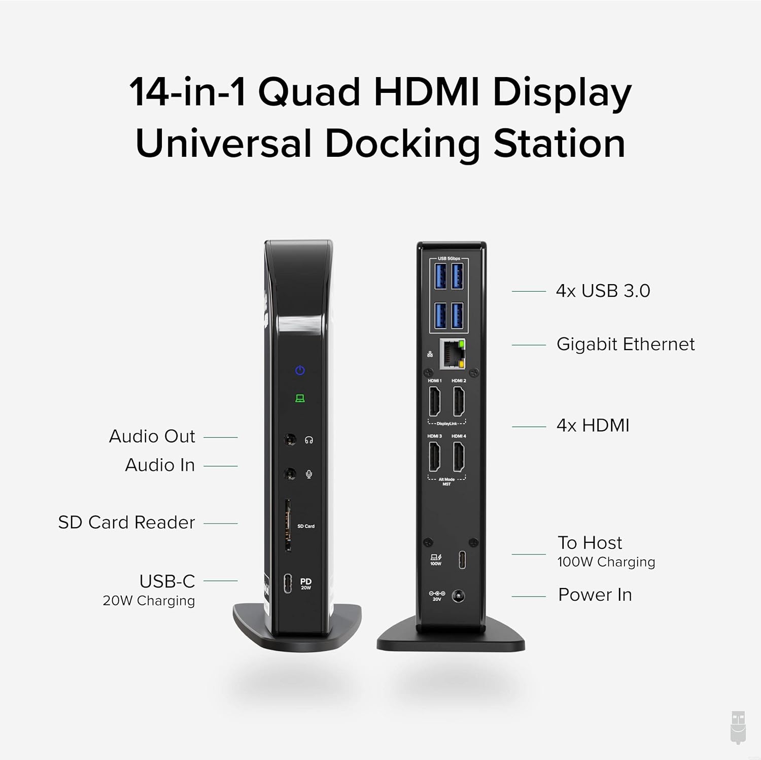 Plugable 14-in-1 USB C Docking Station with 4X HDMI, Quad Dock with 100W Charging, 4X HDMI Displays, Compatible with Windows, Thunderbolt, USB-C (4X USB, 1x USB-C, Ethernet, SD Card, Audio)