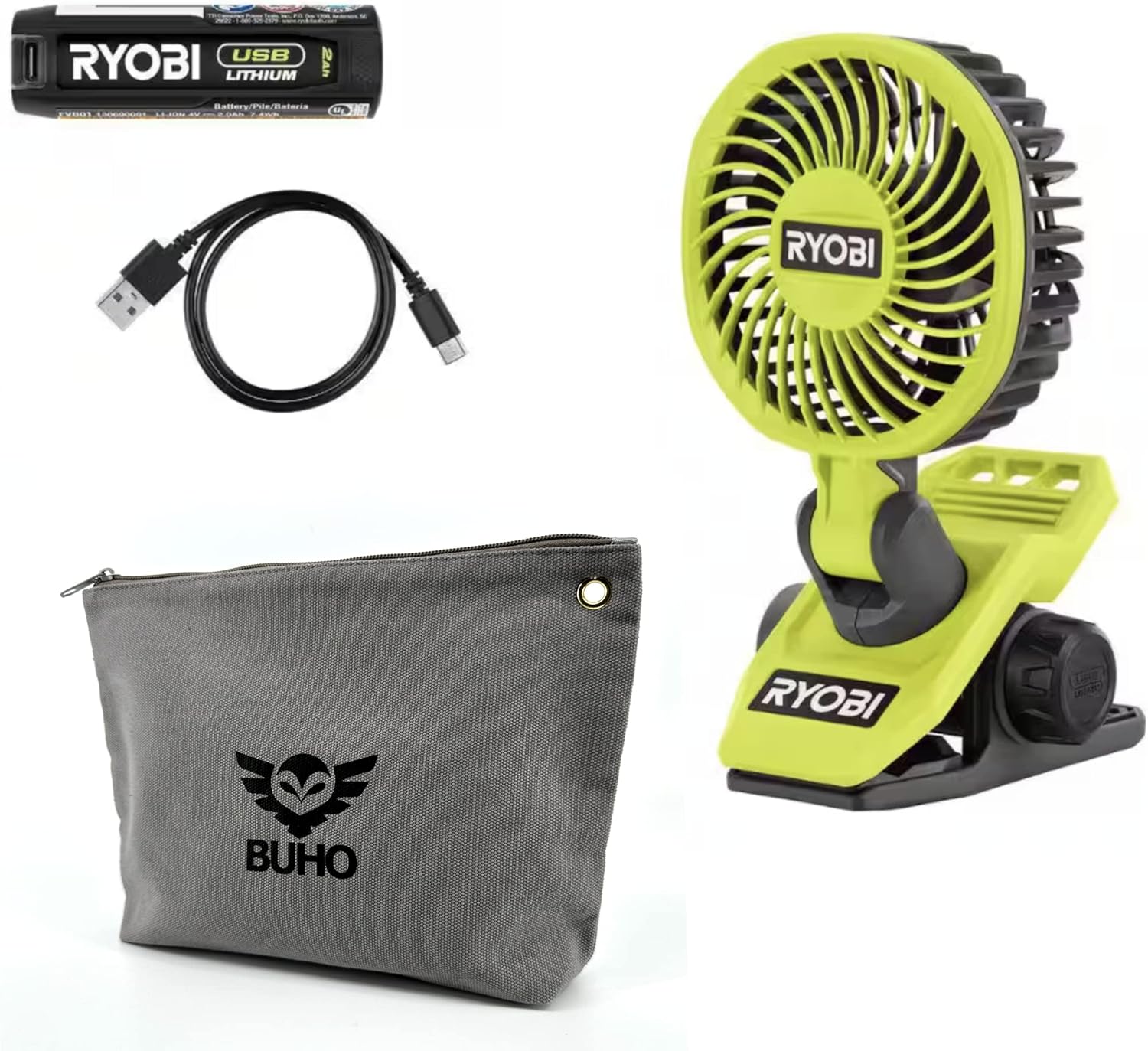Buho Clamp Fan Accessory Bundle - Ryobi USB Fan Powerful Cooling Adjustable Head Multi-Directional Airflow 2 Speed Settings 135 CFM 7 Hours Runtime Clamping Capacity Zipper Pouch