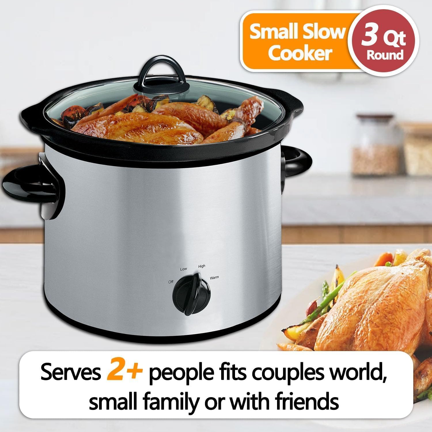 Slow Cooker Casserole Crock Mini: 3-Quart Small Cooking Slow Cookers Pot with Lid, for 2-4 People, Removable, Oven-Safe Casserole-Shaped Stoneware, (Stainless Steel, Black)