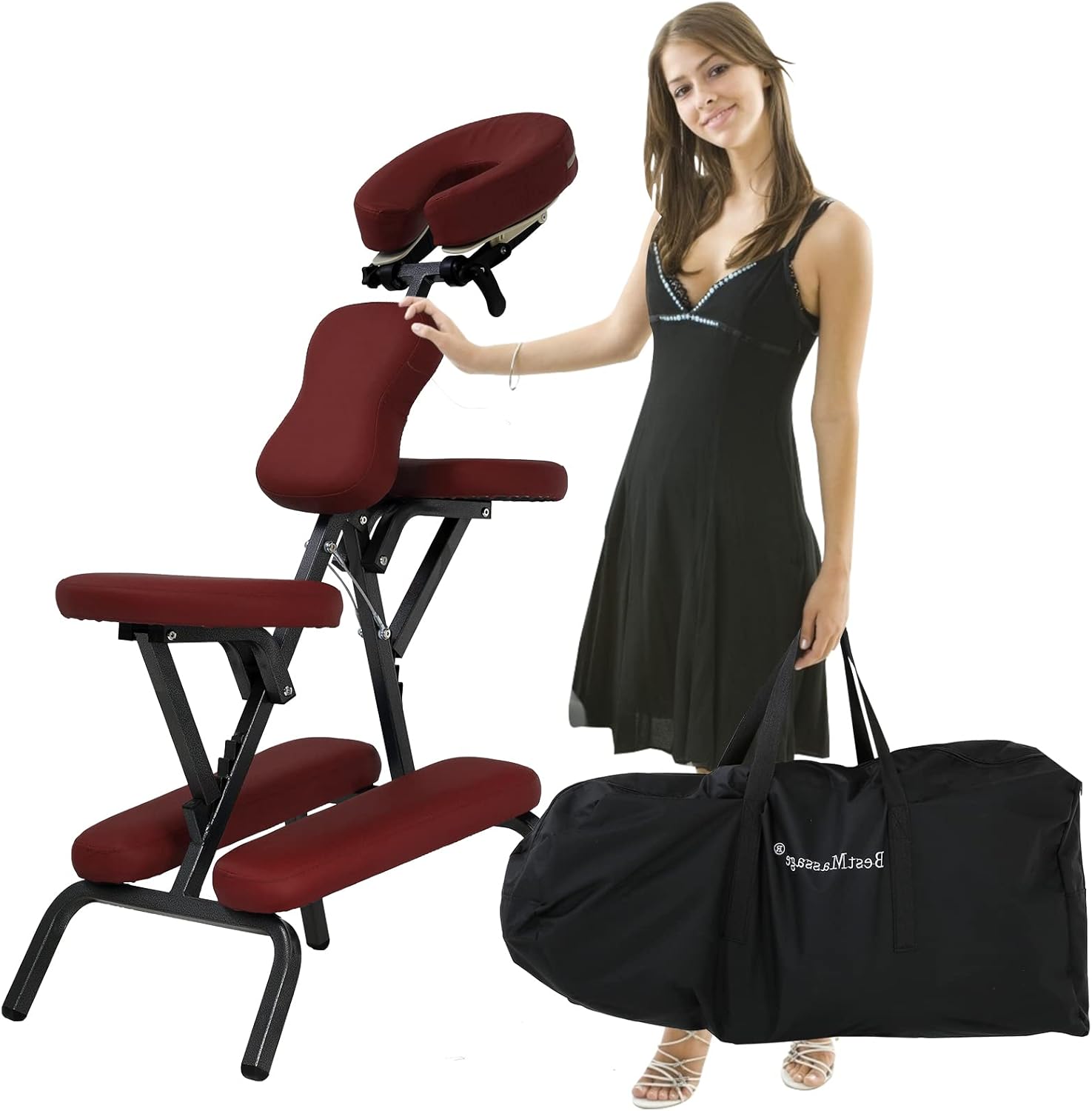 Portable Massage Spa Chair Height Adjustable Folding Tattoo Chair Face Cradle Salon Massage Chair w/Carrying Bag 2 Inches Thick Sponge Lightweight Professional Therapy Chair Tattoo Spa Chair, Burgundy
