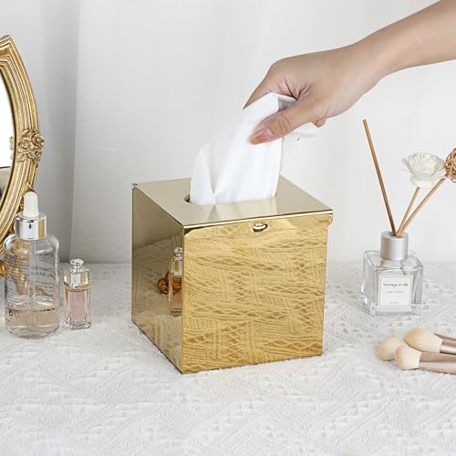 Sumnacon Square Stainless Steel Tissue Box Cover - Wall Mounted Stylish Paper Facial Cover, Modern Metal Tissue Box Holder for Bedroom/Bathroom/Vanity/Countertop/Dresser/Night Stand/Office/Car, Polish