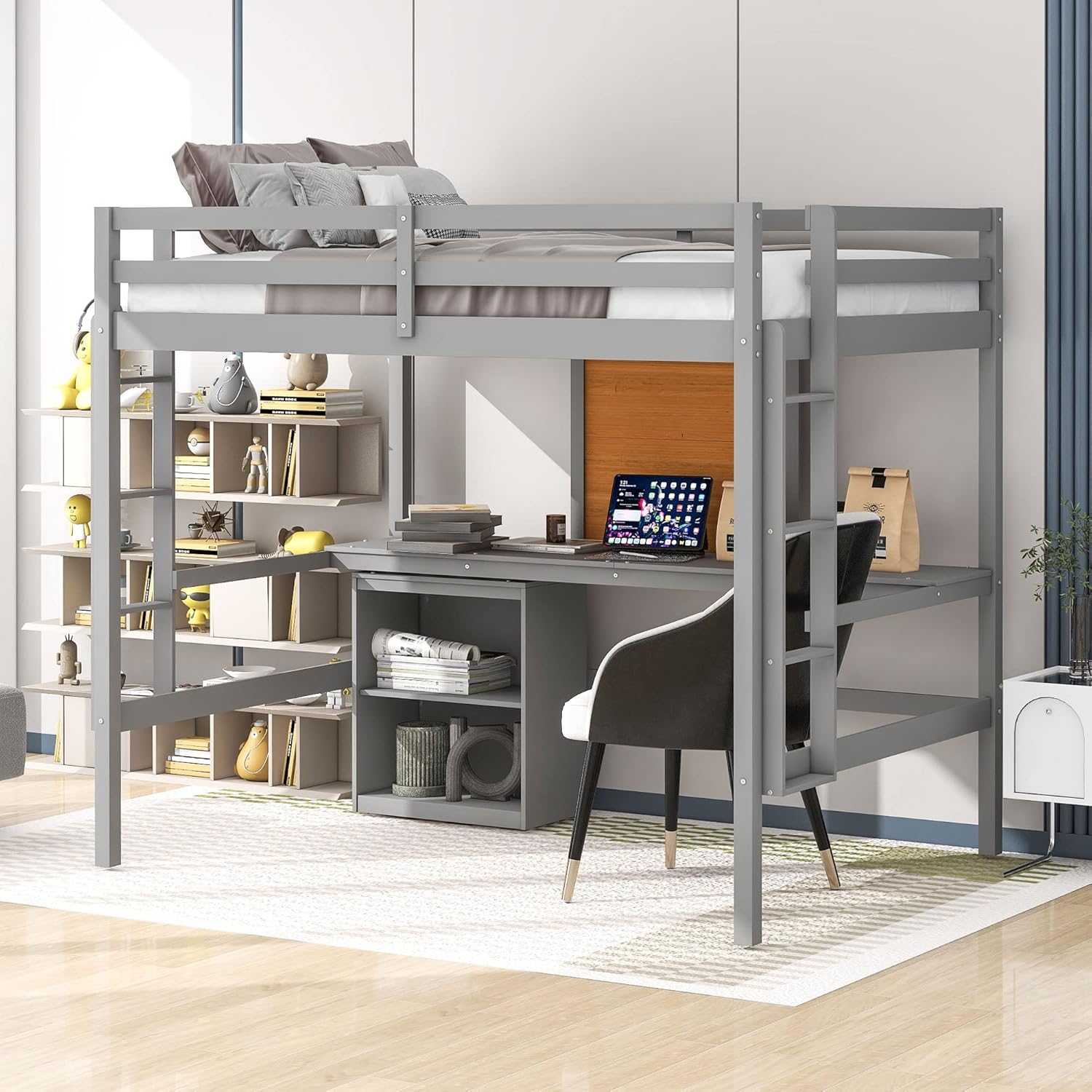 Full Size Loft Bed with Desk and Writing Board,Wooden Full Bedframe with 2 Drawers Cabinet for Kids,Teens,Gray