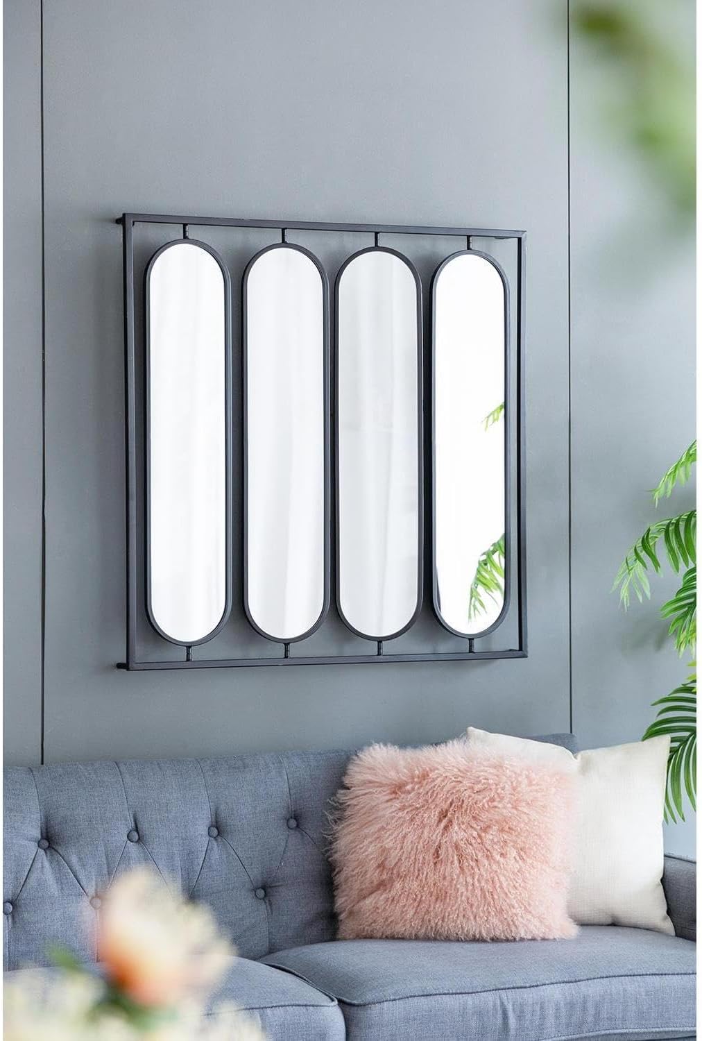 36” x 36” Large Four Oval Wall Mirror with Black Square Frame, Contemporary Accent, Home Decor for Living Room, Bedroom, Entryway, Office