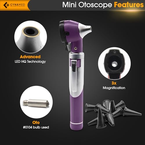 Cynamed Mini Otoscope - Portable Ear Light and Exam Kit for Home and Professional Use - 4X Magnifying Fiber Optic Scope with Spare Tips, Bulb, and Carrying Case (Purple)