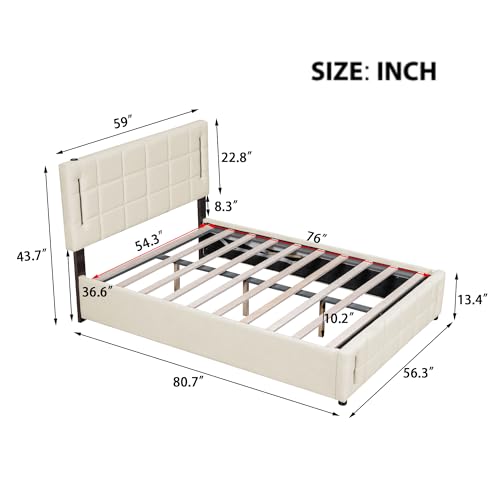 Full Bed with Storage, Full Size Upholstered Bed with Hydraulic Storage System, Lift Up Storage Bed with USB Ports, Heavy Duty Slat Support, No Box Spring Needed, Beige