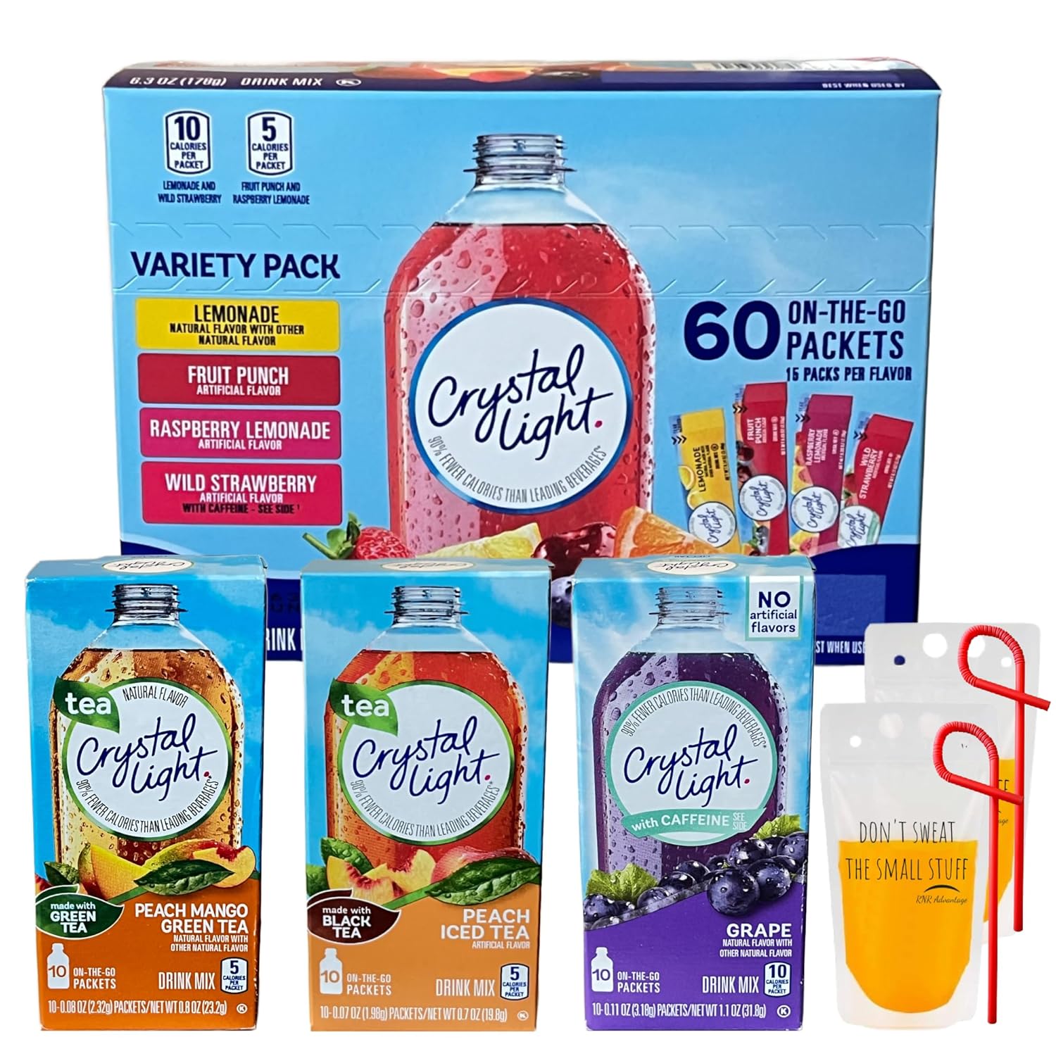 Crystal Light Packets Sugar Free Variety With Lemonade, Fruit Punch, Wild Strawberry, Raspberry Lemonade, Grape, Peach Iced Tea And Peach Mango Green Tea 90 Count Bundle With Drink Pouches With Straw