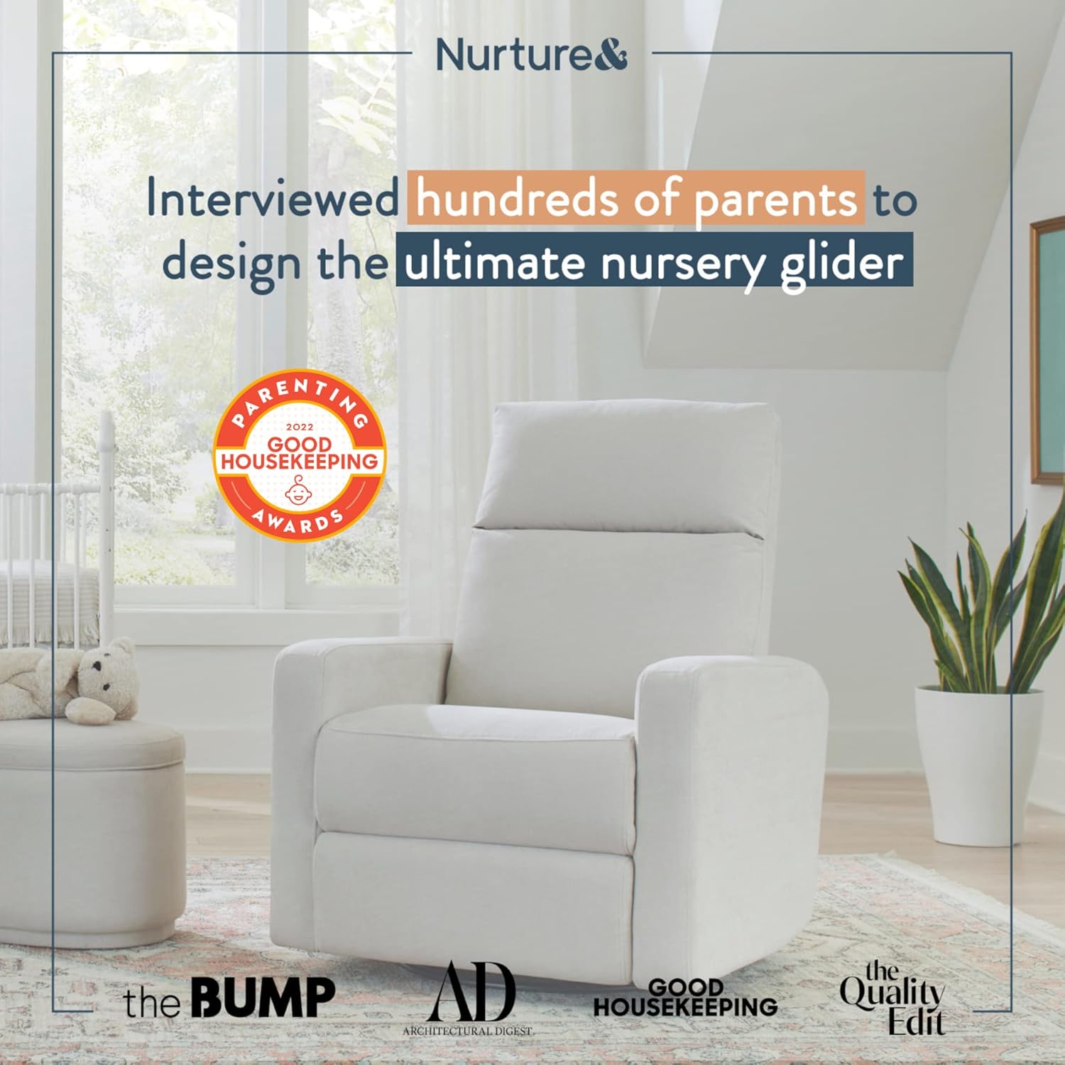 Nurture& The Glider Plus Ivory + The crib Natural | Premium Nursery Power Recliner + Baby, Toddler Convertible Crib (Toddler Guardrail NOT Included)