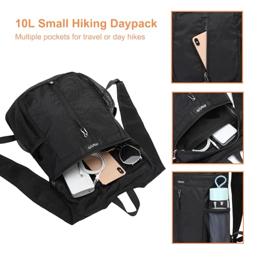 MOSISO 10L Lightweight Hiking Daypack Small Packable Travel Hiking Backpack, Foldable Shoulder Bag with Front Vertical Pocket, Black