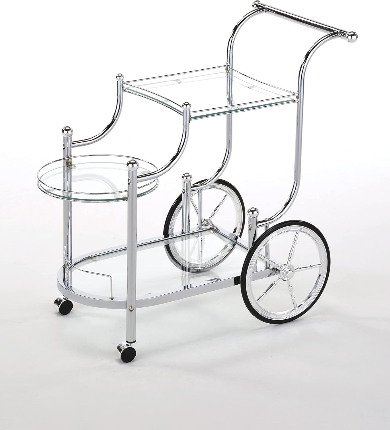 RAAMZO Chrome Metal Serving Wine Bar Cart with Tempered Glass, 3-Tier Glass Bar and Serving Cart, Tea Serving Bar Cart with 4 Wheels and Bottle Holder