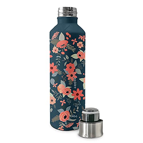OCS Designs Insulated Stainless-Steel Water Bottle - 17-Ounces - Secret Garden Triangle Shoulder Bottle in Navy by Mia Charro, for Studio Oh! - Vacuum Seal Keeps Liquids Cold up to 24 Hours - BPA-Free