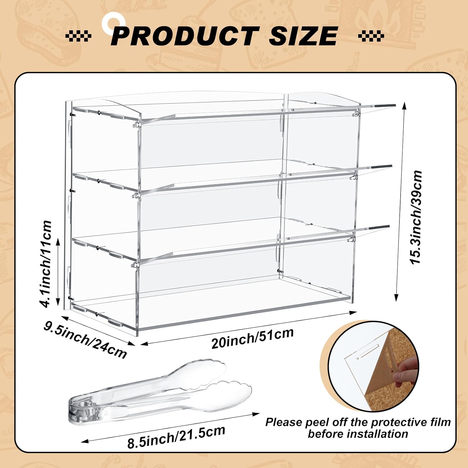 3 Tier Pastry Display Case with Serving Tong, Clear Acrylic Countertop Display Case, Bakery Pastry Display, Bread Box Cabinet for Cake Cookie Donut Bagels, 20.08 x 9.45 x 15.75 Inches