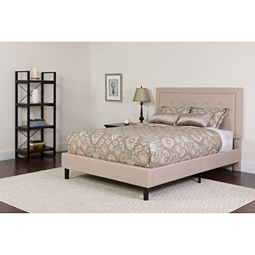 Flash Furniture Roxbury Queen Size Tufted Upholstered Platform Bed in Beige Fabric with Pocket Spring -Mattress