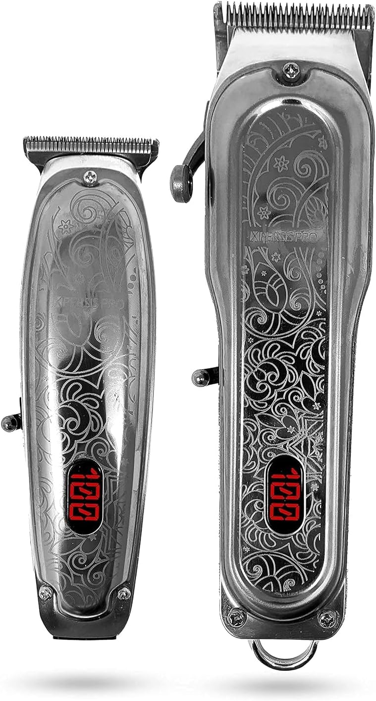 PRO Cordless Hair Clipper + Hair Trimmer for Mens and Barbers +Shaver with Sharp Blades, Cord/Cordless Electric Razor for Mens Silver & Blue