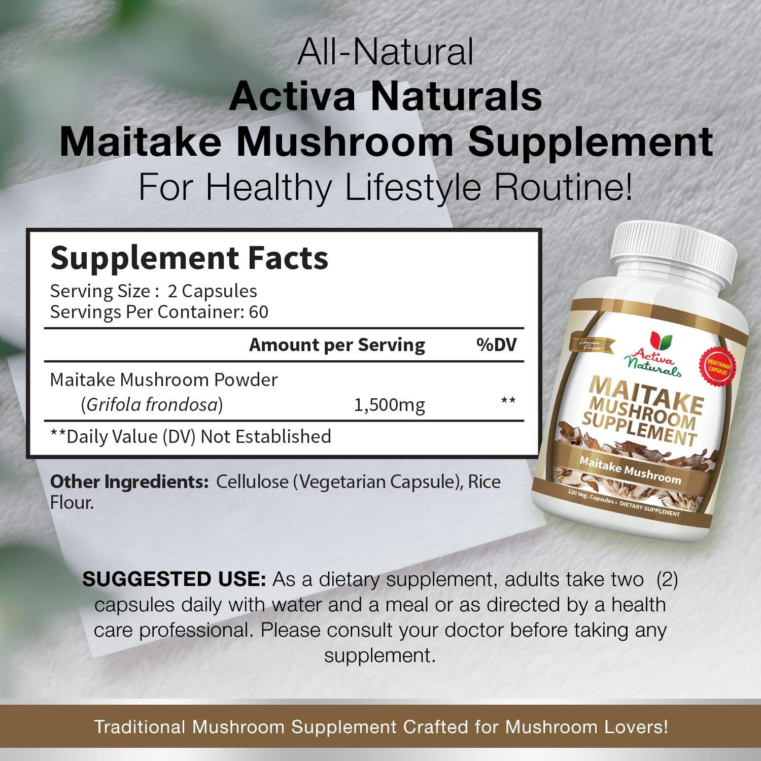 Maitake Mushroom Supplement - 120 Veg. Capsules with Grifola Frondosa Mushrooms