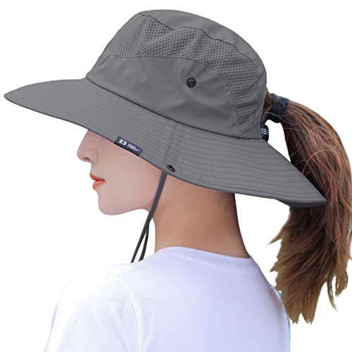 Womens Summer Sun Outdoor UV Protection Foldable Mesh Wide Brim Beach Fishing Bucket Hat with Ponytail Hole